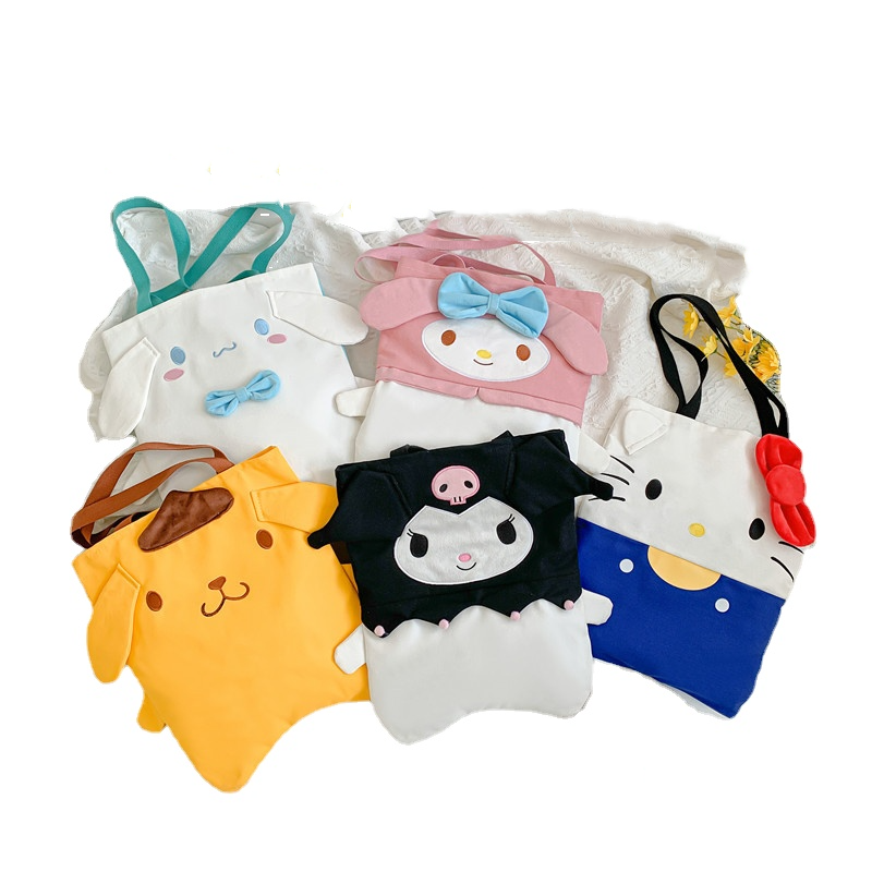 Sanrio Cinnamoroll กระเป๋าถือ Kuromi น่ารักกระเป๋าผ้าใบช้อปปิ้ง Kawaii Hello Kitty Rucksack My Melody กระเป๋า
