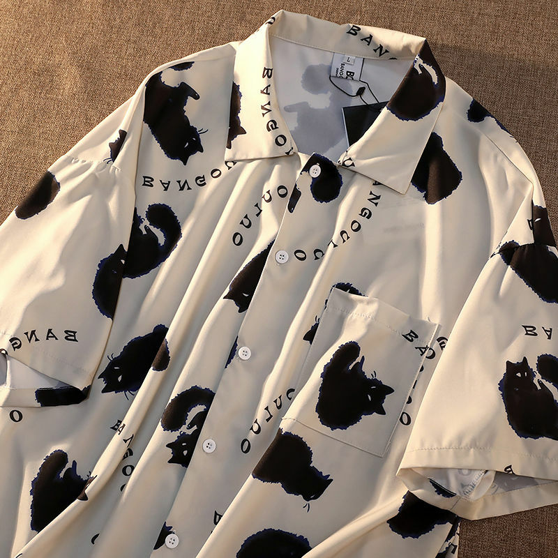Camicia graffiti gatto alla moda donna manica corta estate design sciolto nicchia camicia da strada americana tendenza abbigliamento donna di marca
