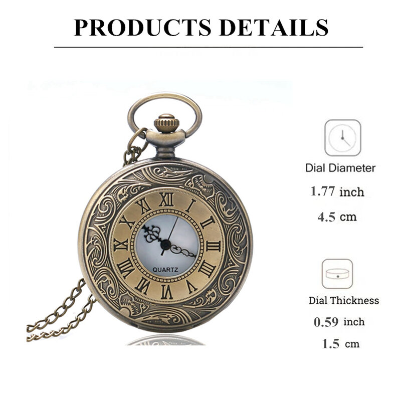 Reloj de bolsillo de cuarzo con colgante de diseño de pantalla de escala romana de bronce Retro con cadena de collar, reloj de regalo de ocio para hombres