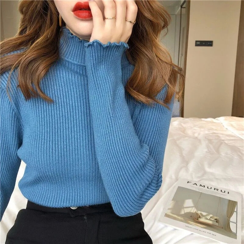 Woman Sweaters 2024 Autumn Winter Ribbed Knitted Sweater Women Pullover Mock Neck Long Sleeve Solid Casual Knitwear Tops Clothes