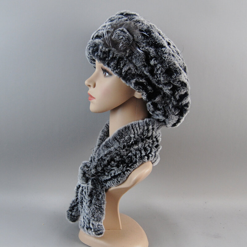 New Winter Rex Rabbit Fur Hats Scarves Women Fashion 100% Genuine Knit Fur Caps Scarves Sets Lady Warm Real Fur Hat Muffler