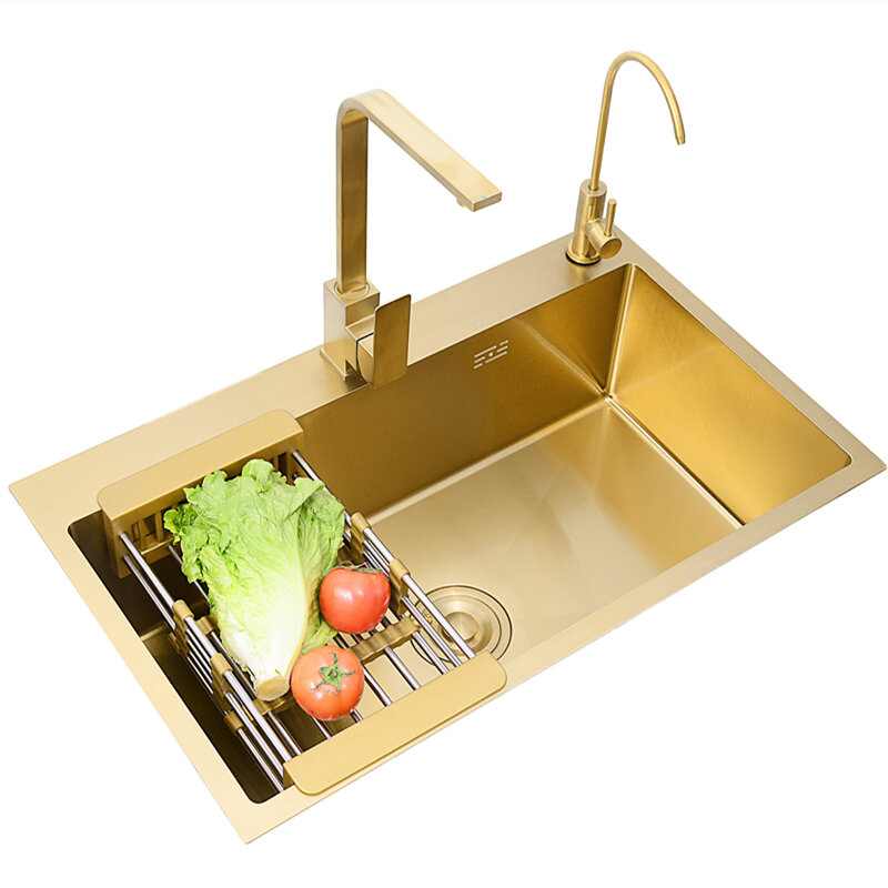 Fregadero de cocina de oro cepillado de acero inoxidable de 60x45cm, fregadero de un solo tazón para estación de trabajo con accesorios sobre la encimera, fregadero Rectangular