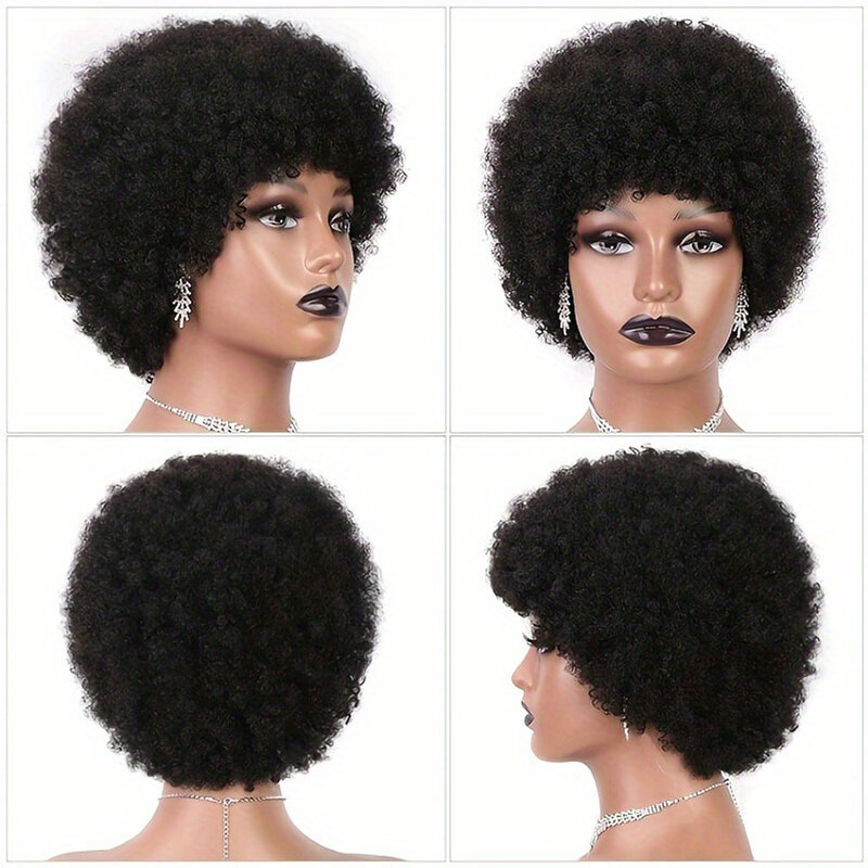Pelucas de cabello humano rizado con flequillo para mujer, pelo corto marrón, corte Pixie, máquina, Afro, rizado