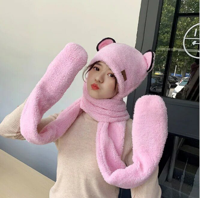 따뜻한 성인 곰 귀여운 따뜻한 가을 겨울 플러시 모자 스카프 장갑 한 3 조각 세트 소녀 패션 산호 벨벳