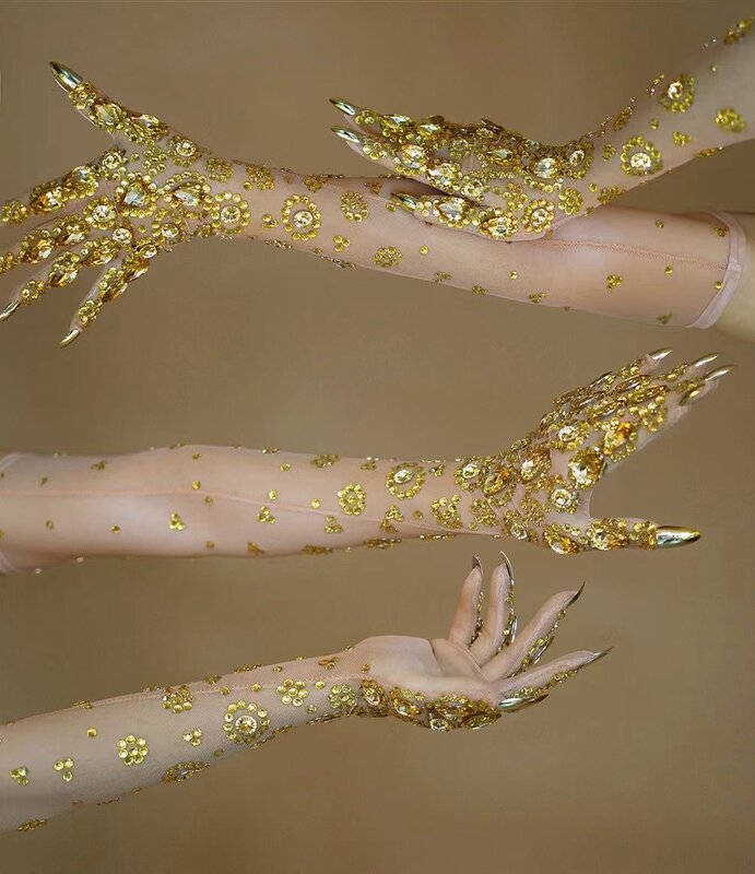 Sexy Stretch Rhinestone Gloves Women Sparkling Crystal Mesh Perspective Long Gloves Nightclub Dancer Singer Stage Accessories