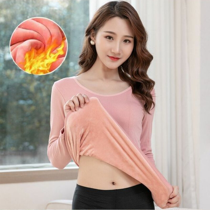 Camiseta de manga comprida de veludo grosso com gola redonda para mulheres, tops térmicos, fundo quente, controle de barriga, simples, casual