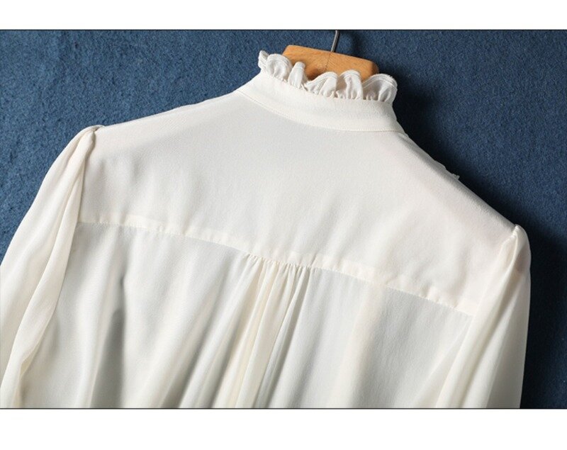 Шифоновая женская рубашка на весну/лето, однотонные винтажные блузки, свободный Женский Топ с длинным рукавом и круглым вырезом, модная одежда с оборками YCMYUNYAN