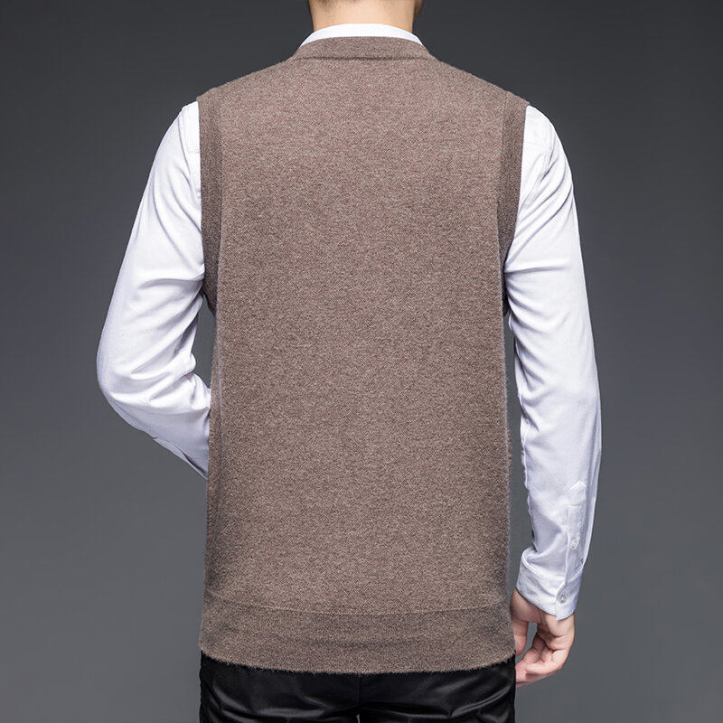 Кардиган из чистой шерсти, мужской жилет с V-образным вырезом, свободный толстый свитер из 100% шерсти, осенне-зимний высококлассный вязаный ж...