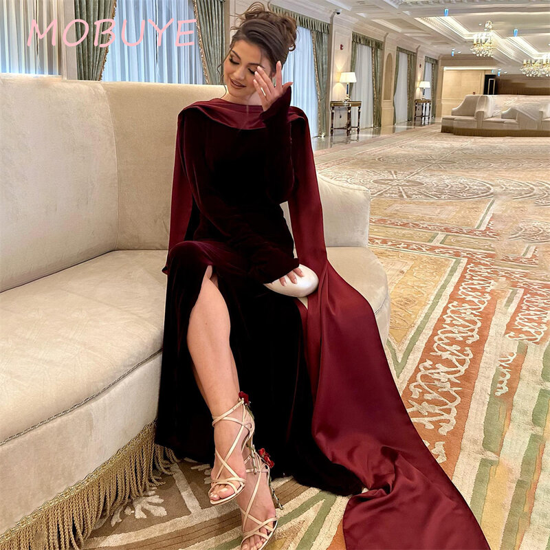 MOBUYE-Elegante vestido de baile até o chão com mangas compridas para mulheres, o pescoço, vestido de festa, moda popular, 2022