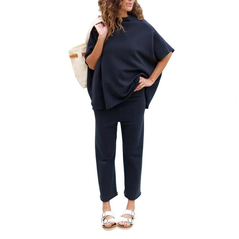 ชุดเสื้อกางเกงขากว้างคอกลมแขนค้างคาวสำหรับผู้หญิง2024ชุดเสื้อผ้าเดินทาง OL กางเกงขายาว2ชิ้น/เซ็ต