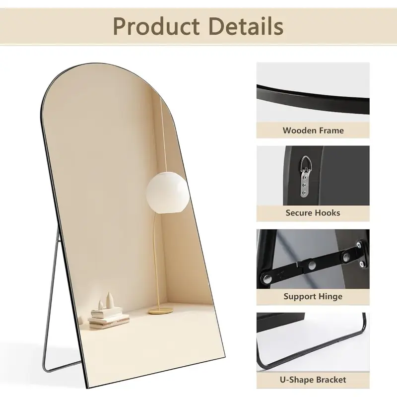 กระจกโค้งยาวเต็มรูปแบบการออกแบบที่ทันสมัยกระจกตั้งพื้นกระจกสำหรับห้องนั่งเล่นห้องน้ำสีดำ (กรอบไม้)