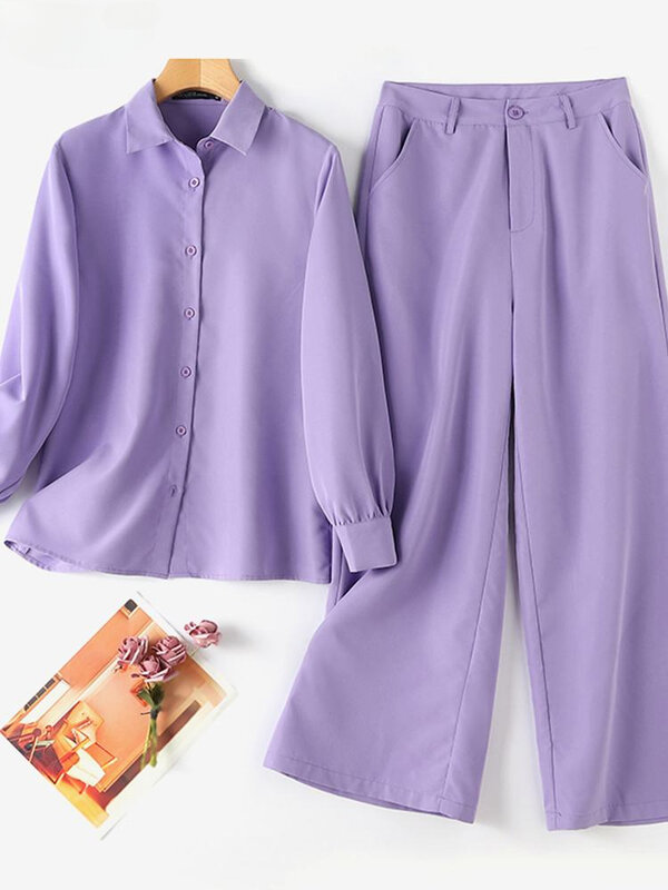 Женский комплект из 2 предметов, элегантная рубашка с отложным воротником и длинными рукавами, однотонные офисные брюки, спортивный костюм, осенняя одежда