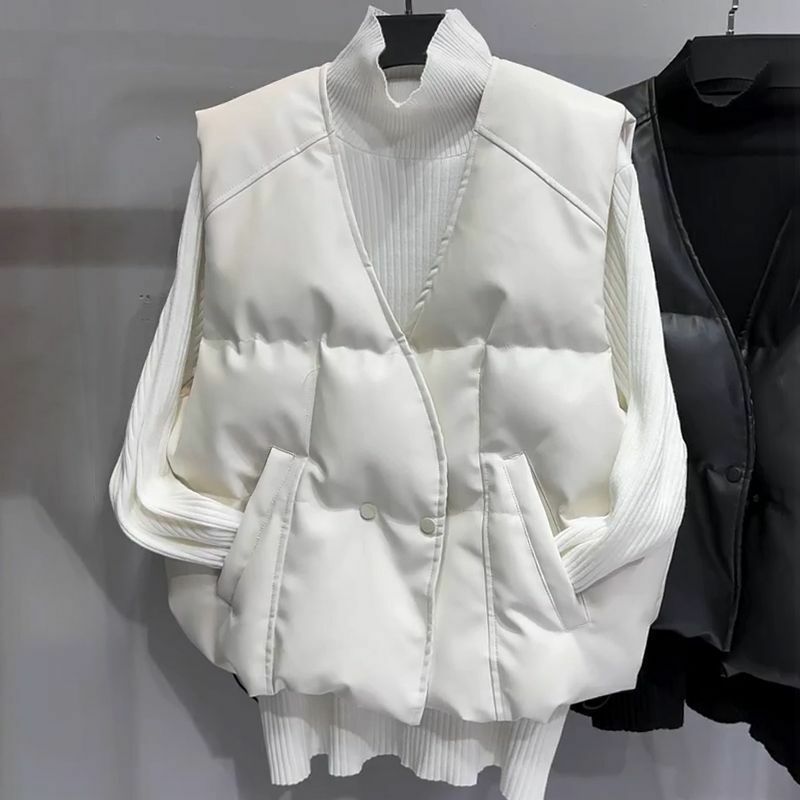 Jaket kulit PU wanita, jaket kulit PU bergaya untuk musim gugur dan dingin, saku V-neck, jaket kulit kamisol