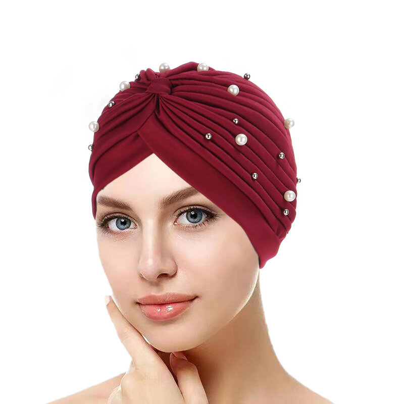 2Pcs/Set Pearls Beaded Women Turban Hat Muslim Hijab Bonnet Indian Cap Head Wrap Casual Chemo Cancer Cap Head Scarf