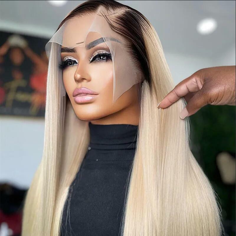 180%Density Long Soft 26“Ombre Blond Silky Straight Lace Front Wig For Black Women BabyHair Glueless Preplucked Heat Resistant