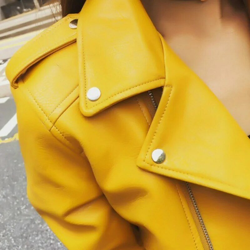 Autumn Winter Street Women's Short Washed PU Leather Jacket Zipper Bright Colors Ladies Basic Jackets With Belt Faux Leather Y2k