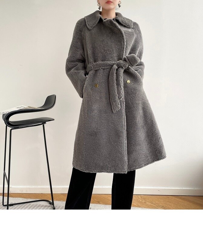 Женское длинное меховое пальто, роскошная зимняя куртка из натурального меха мериноса с поясом