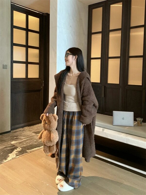 Jaket Sweater rajut Fashion Korea wanita, pakaian atasan kardigan longgar warna polos panjang bertudung baru musim gugur