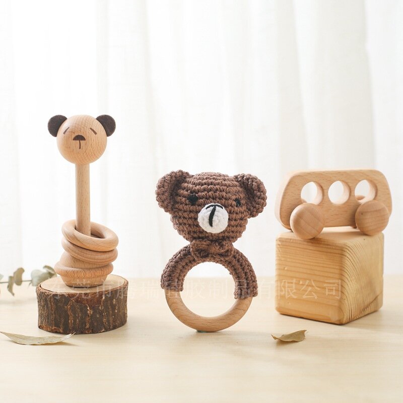 Juguetes Montessori de madera para bebés, sonajero móvil, juguete de comodidad, Animal de madera de haya, decoración de guardería