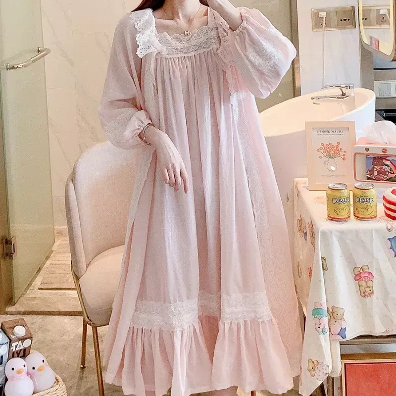 Princess Sleepwear Peignoir set vittoriano Vintage camicie da notte fata abito da notte donna autunno puro cotone abito lungo Slip Dress