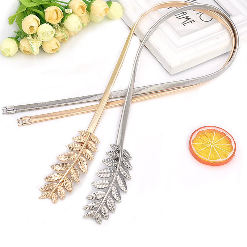 Metalowy Pasek na klamrę dla kobiet, kwiat, liście, elastyczna talia, łańcuszek, złote, cienkie paski