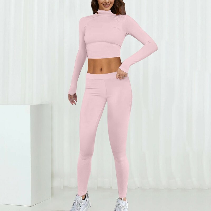 Комплект для йоги 2024, женская одежда, укороченный топ, вязаные однотонные Бесшовные Брюки с длинным рукавом, комплект для йоги, спортивный комплект из двух предметов, костюм для бега