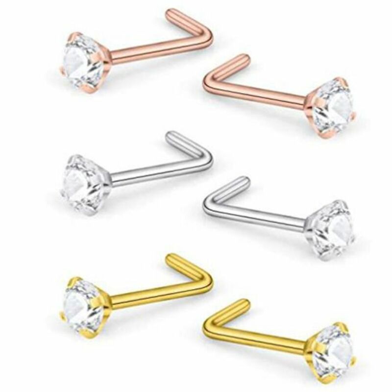 L Shape Nose Stud Stainless Steel Piercing Bar CZ Crystal Straight Stud Nose Ring Nose Retainers Pin Nostril Piercing Jewelry