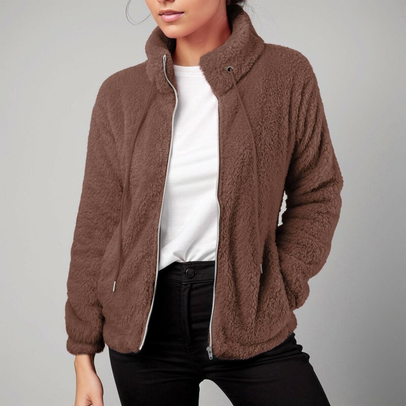 Abrigo de lana para mujer, chaqueta informal con cuello alto y cremallera, Color liso, ropa de otoño e invierno, novedad