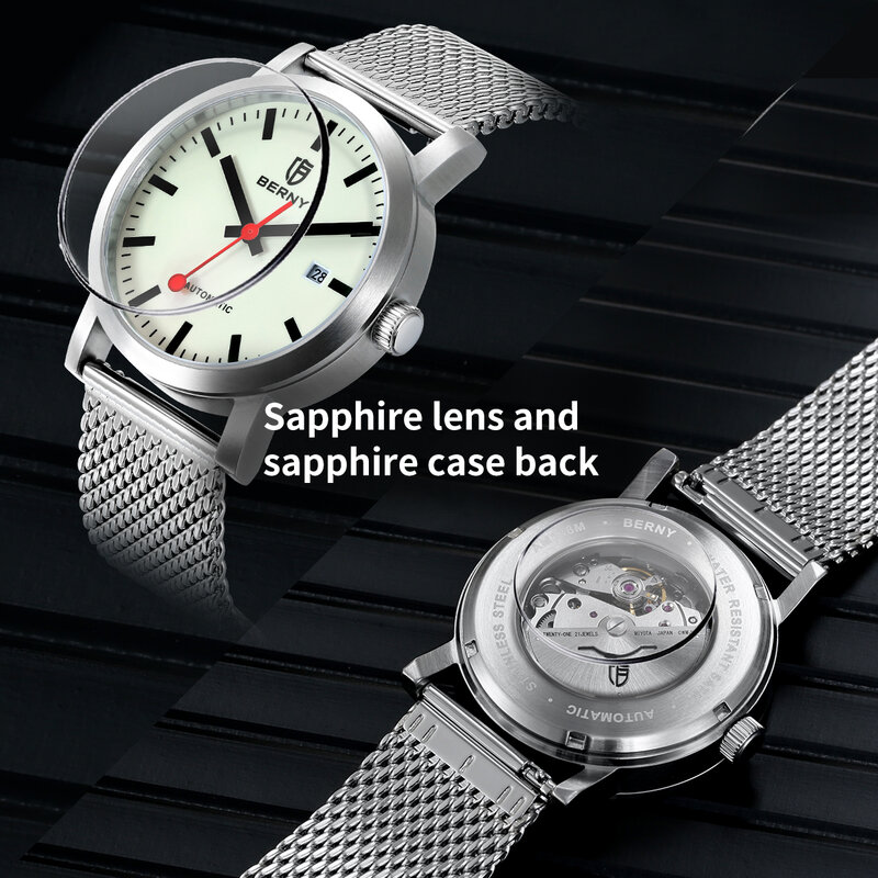 BERNY Automatic Watch Men Luminous Stainless Steel Self Winding Wristwatch MIYOTA 8215 Waterproof Mechanical Swiss Railway Watch