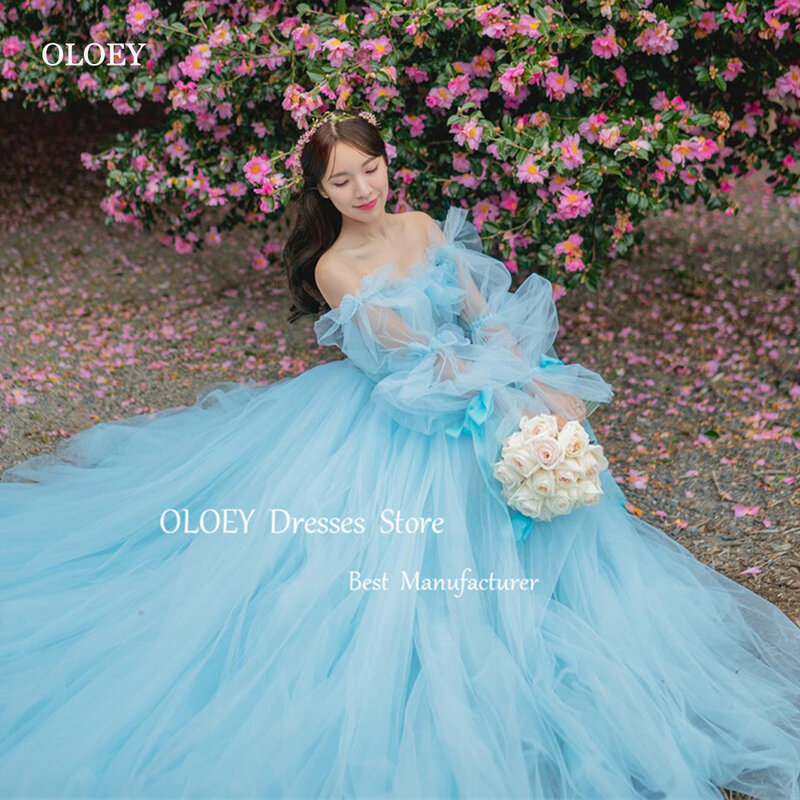 OLOEY Fairy Light Sky Blue Tulle Evening Dresses Wedding Photo shoot Puff Long Sleeves Sweetheart Corset Garden Bridal Gowns
