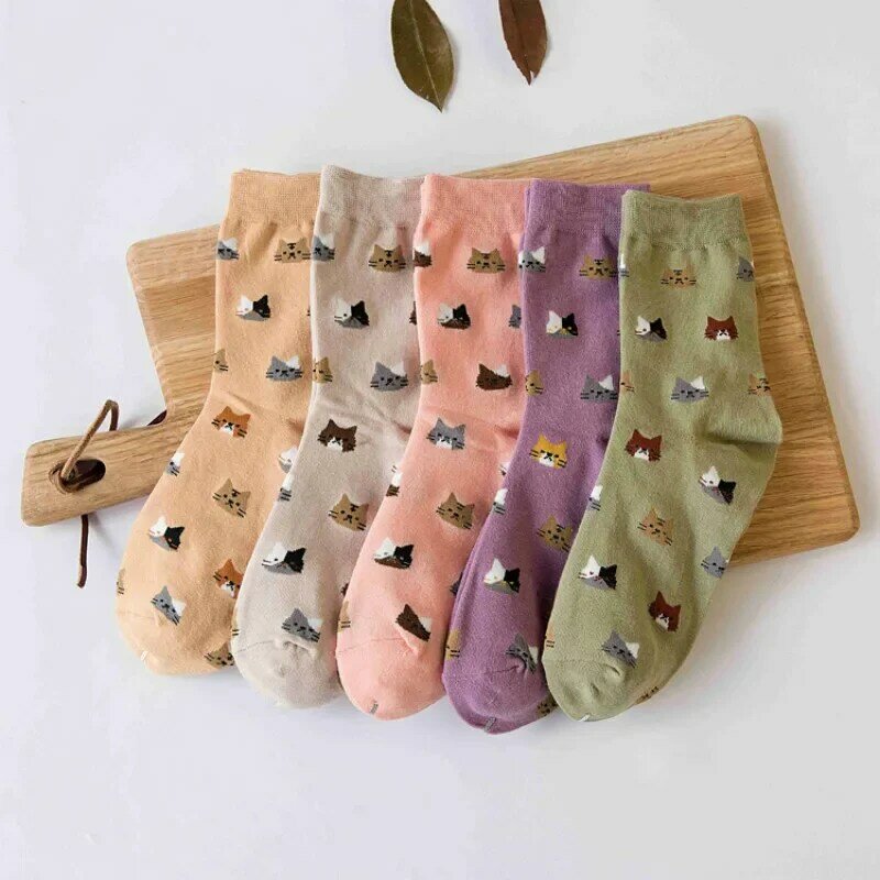 Новые хлопковые носки до щиколотки, красочные забавные носки с милым котом, повседневные носки для девочек с изображением животных, фруктов, тортов