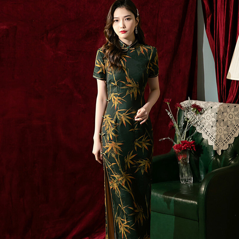 Mùa Hè Năm 2022 Mới Nữ Ngắn Tay Qipao Nữ In Hình Vintage Nút Đầm Dự Tiệc Nữ Trung Quốc Truyền Thống Sườn Xám