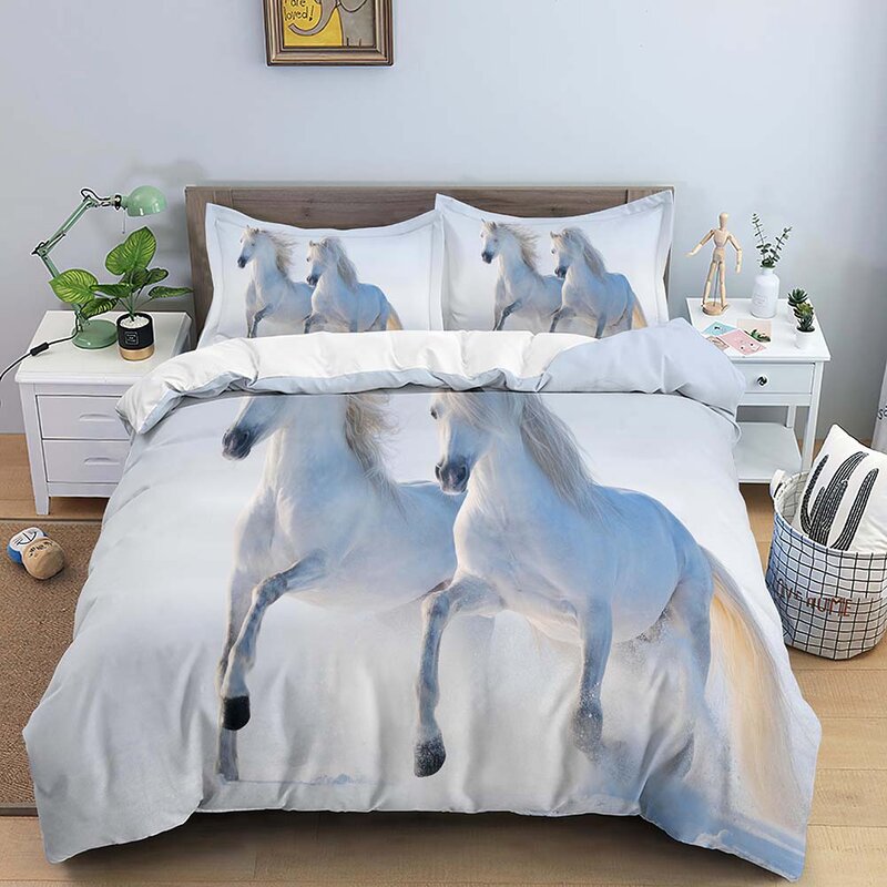 3D Horse Duvet Cover Run Horse Print  Bedding Set Double Quilt Cover With Zipper Closure King Size Comforter Cover Kids Gifts