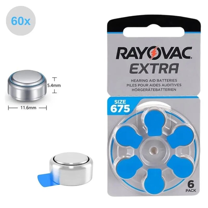 Rayovac-Batterie Zinc Air pour prothèses auditives, extra haute performance, batterie longue durée, A675, taille 675, 24.com, 60 pièces