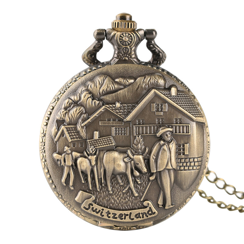 Bronze Switzerland Cowboy Quartz Pocket Watch with Necklace Chain Vintage Gift for Men Women