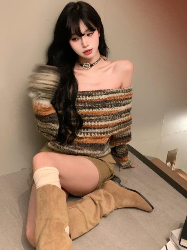 Deeptown-suéter corto Vintage a rayas para mujer, Jersey de punto ajustado, estilo Harajuku, Hip Hop, Y2K, hombros descubiertos, Tops Coreanos