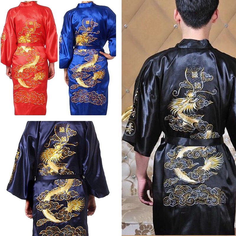 Chinese Style Men\'s Satin Bath Robe, Dragon Design, Silk Pajamas Sleepwear, M 2XL, Navy Blue/Red/White/Black/Blue