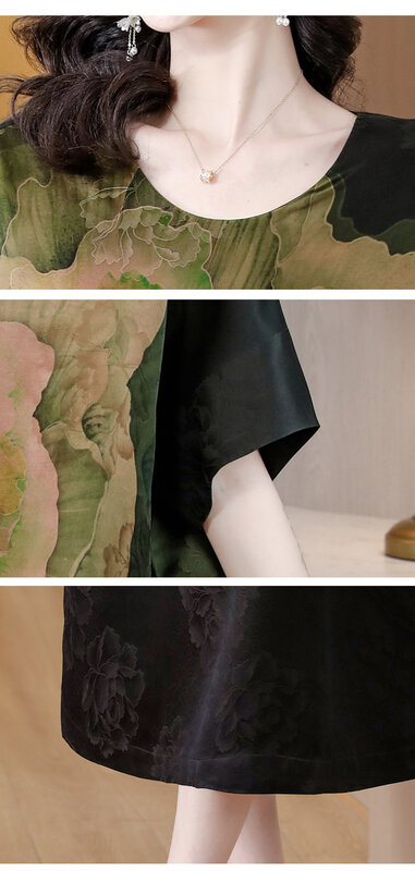 Wiosna/lato 2023 nowy luźne jedwabiu nadruk Retro rękaw w kształcie skrzydła nietoperza sukienka zielony kwiat wydruku duża szczupła spódnica kolan suknia