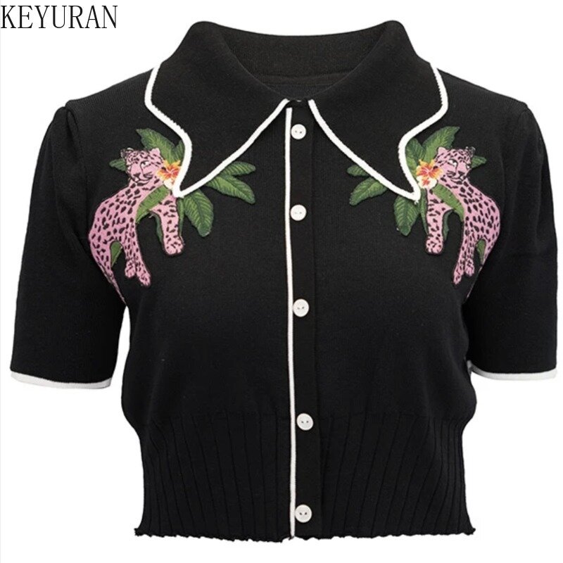 2024 Sommer Vintage Stickerei schwarz Kurzarm Pullover Frauen gestrickt T-Shirt Revers vielseitige Strickwaren Crop Tops weibliche Pullover