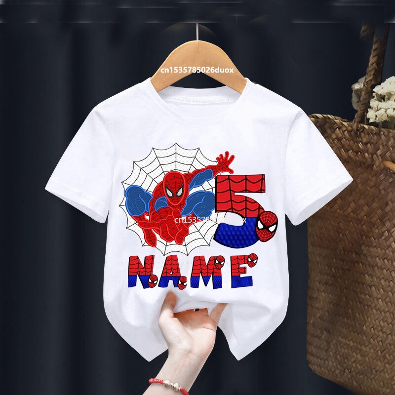 Camiseta blanca de manga corta para niños, camisa de Spiderman, nombre personalizado, 2, 3, 4, 5, 6, 7, 8, 9