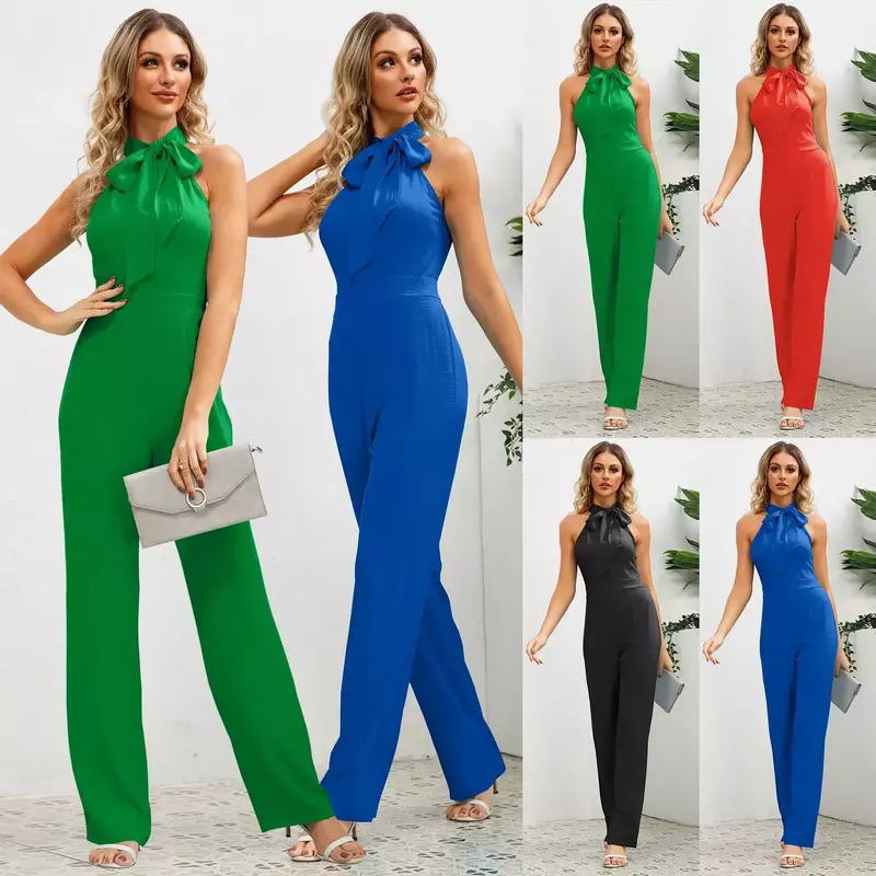 Fashionable summer hot selling sexy slim fit temperament jumpsuit sleeveless stand up collar bow straight leg pants