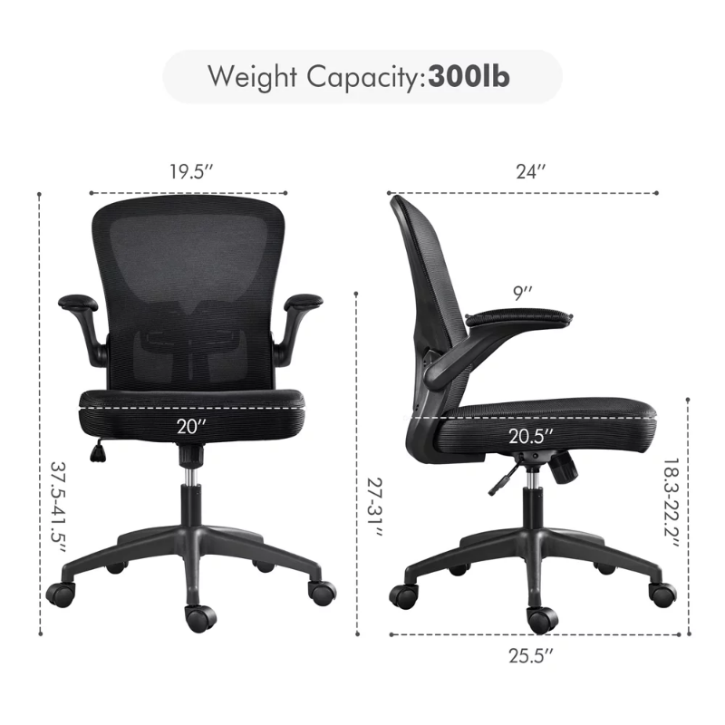 Mid volta ajustável cadeira do escritório com flip up braços, preto ergonômico computador gamer, respirável malha móveis