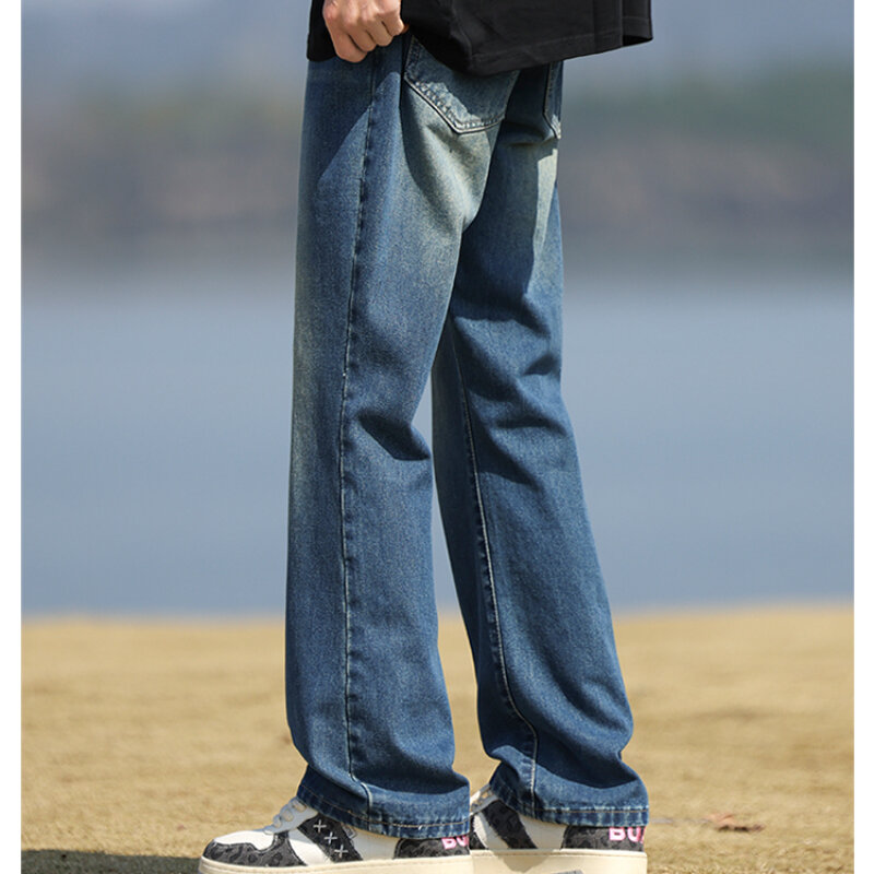 Celana Jeans longgar pria, celana jins jalan tinggi Amerika pinggang elastis tipis Retro pria baru musim semi dan panas