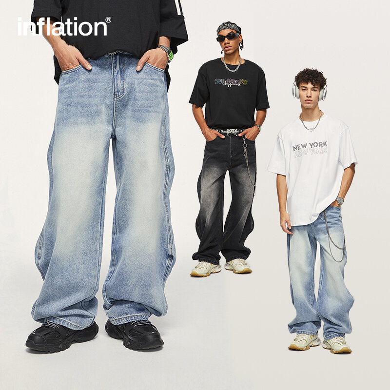 INFLATION Brand Baggy Wide Leg Boyfriend Jeans Unisex Vintage Washed Blue Denim Trousers Male Pants Plus Size