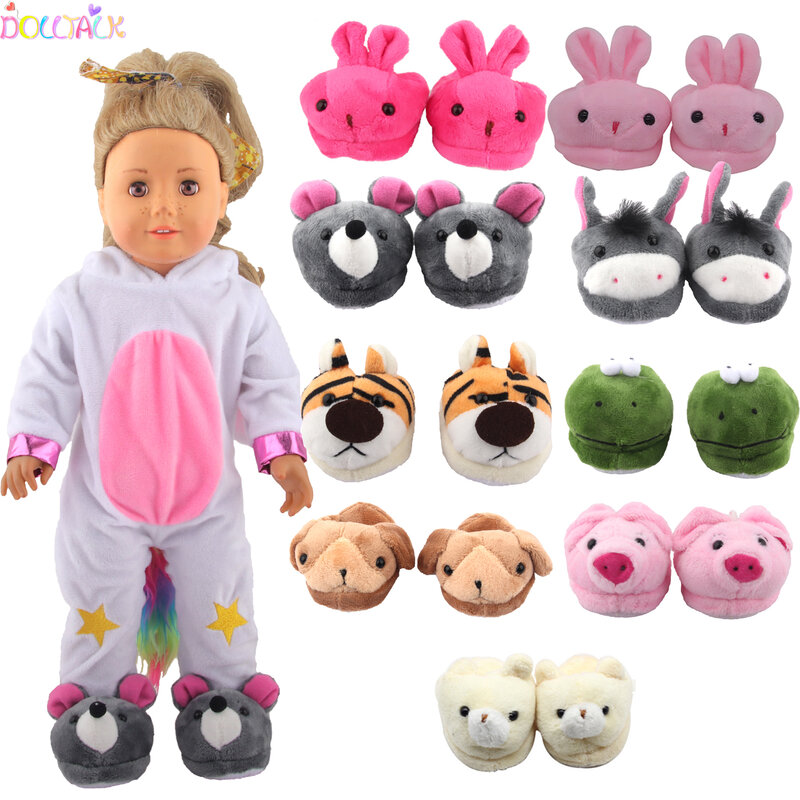 Scarpe da bambola 7cm Cute Frog, Tiger, Pig peluche pantofole per animali per ragazza americana da 18 pollici, 43 cm Baby New Born & OG Doll girl's Toy Gift