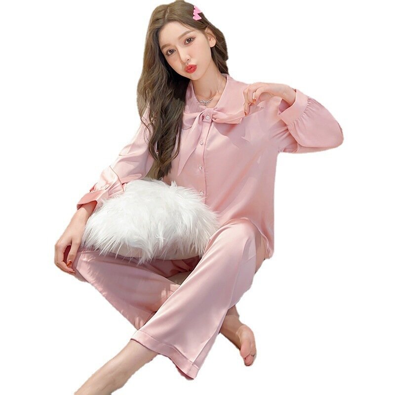 Pijama de seda de hielo de manga larga para mujer, conjunto de ropa de casa de seda de imitación, pigiami para mujer
