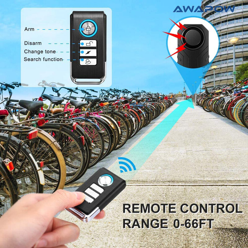 Awapow 113dB Bicycle Alarm Anti Theft Vibration Scooter Motorcycle Bike Alarm Waterproof Remote Control with SOS Function