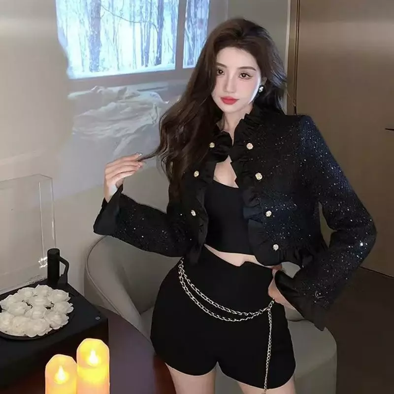 2024 jaket wol putih Wanita mode Ruffles Patchwork dipotong mantel wanita gaya Korea Double Breasted jaket wanita