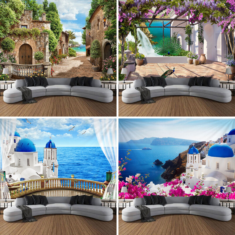 Tapisserie murale de fleurs rustiques italiennes, grand décor d'art mural, paysage extérieur méditerranéen, adapté à la chambre à coucher
