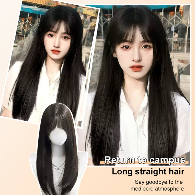 ALXNAN HAIR-perucas sintéticas longas e retas com franja para mulheres, preto, cosplay party, cabelo lolita, natural, resistente ao calor